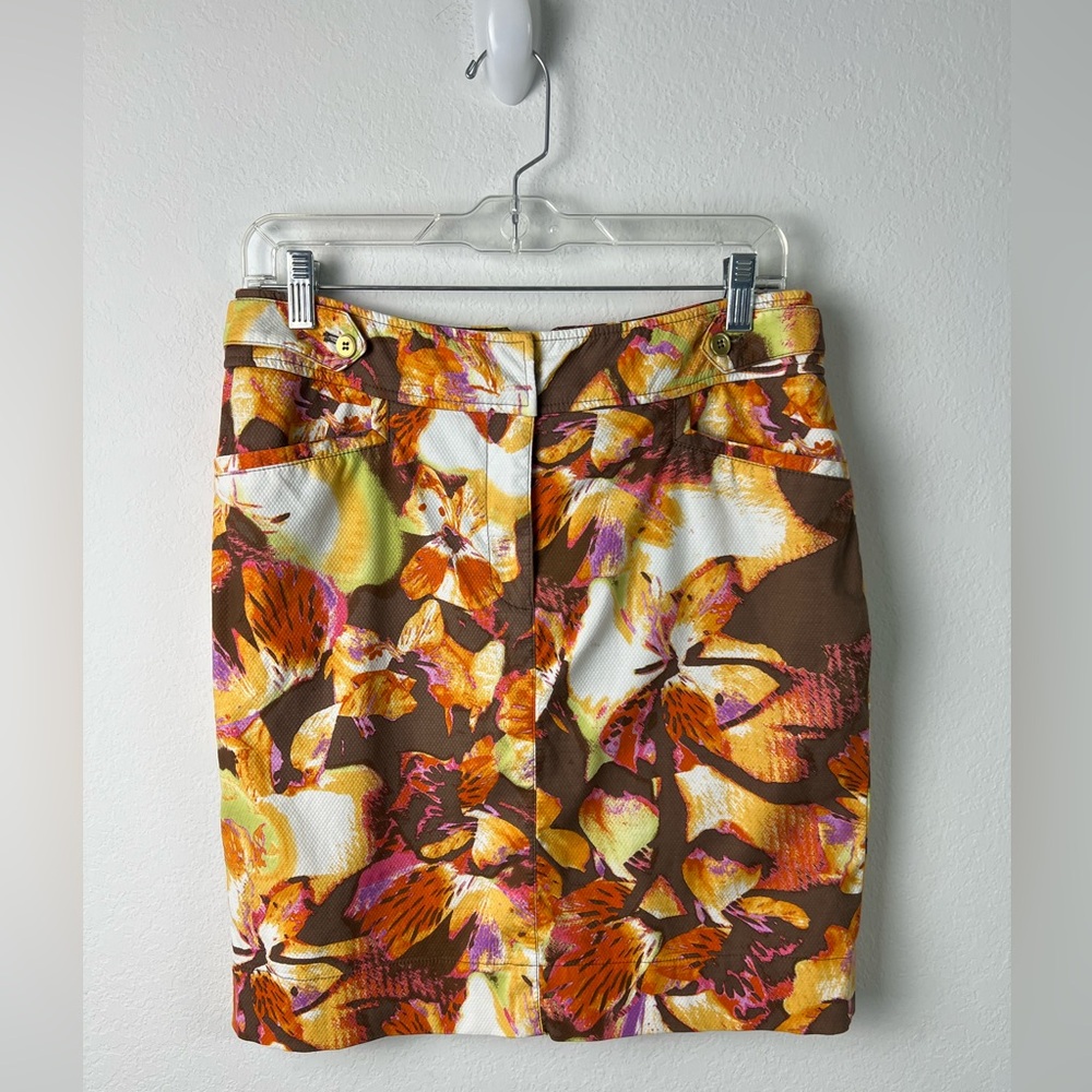 Etcetera Brown Orange Pink Yellow Floral Cotton Office Fall Pencil Skirt